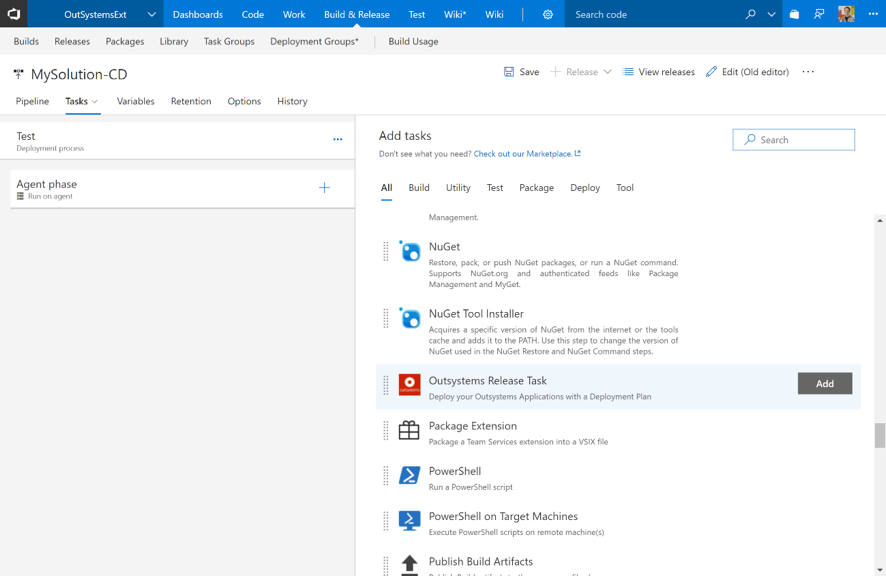 VSTS extension walkthrough: Adding the OutSystems release task