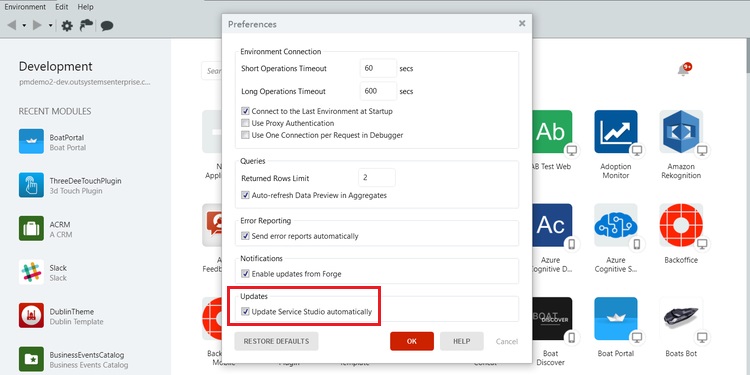 Update Service Studio automatically checkbox is checked.