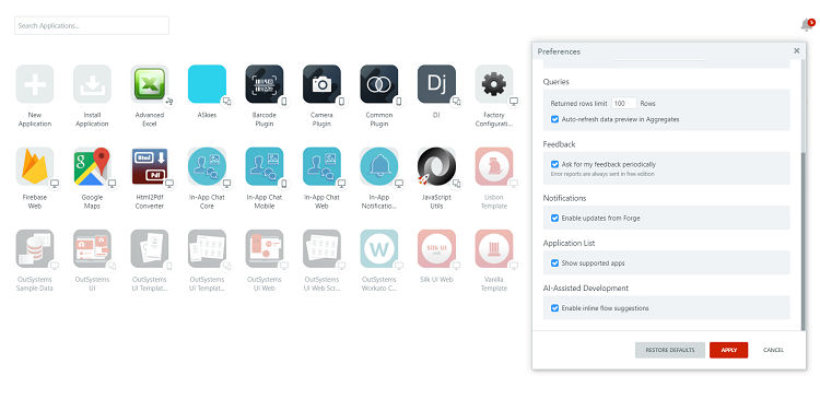 Service Studio release: supported apps in application list