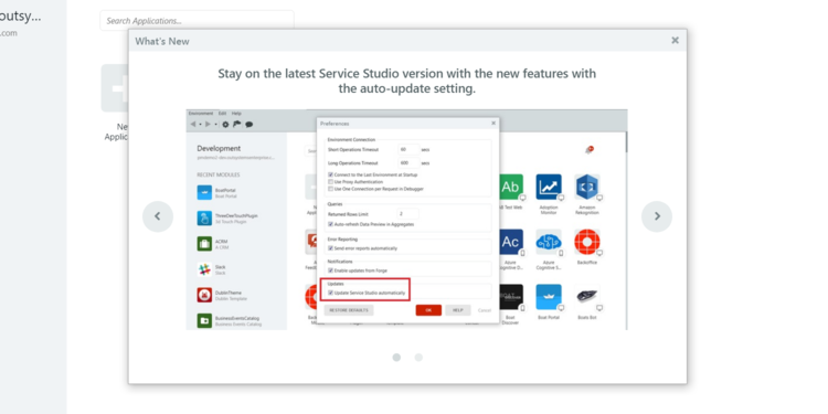 Screenshot of What's New pop-up window inside Service Studio.
