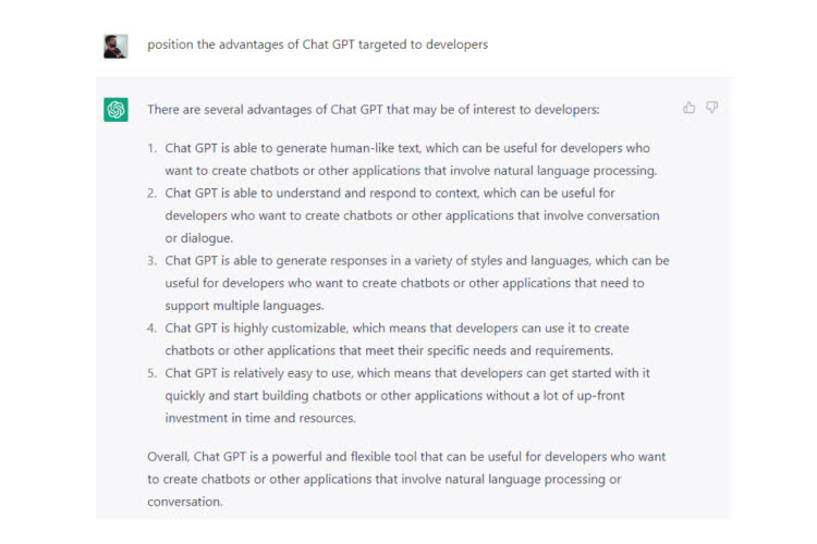 ChatGPT response to position the advantages of ChatGTP target to developers