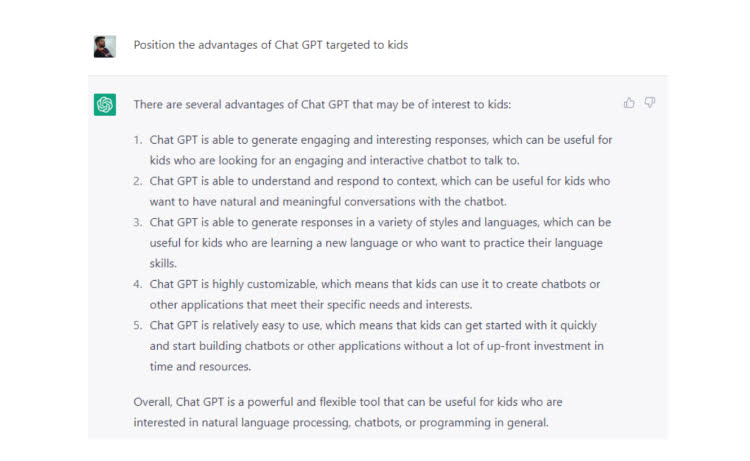 ChatGPT response to position the advantages of ChatGTP target to kids