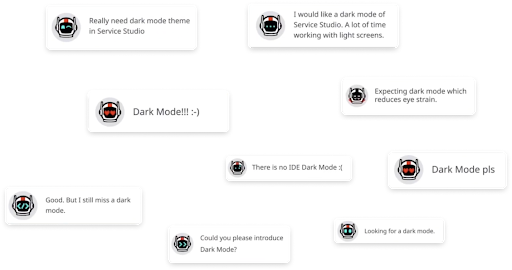 Various quotes from the OutSystems users demanding a dark theme for Service Studio