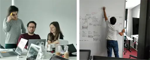 The team working in the office, sitting at a desk and writing in a whiteboard