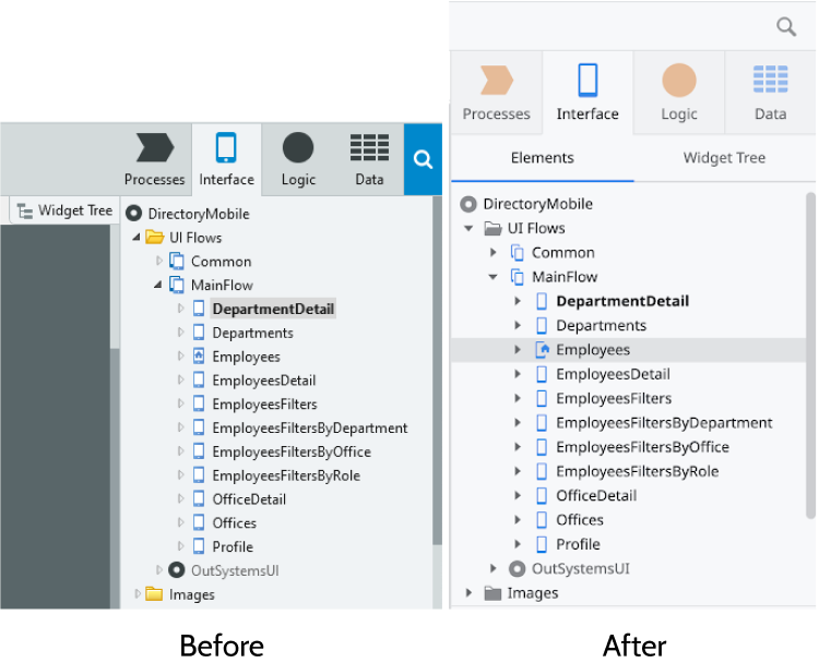 A before image of Service Studio's interface. An after image of Service Studio's interface.