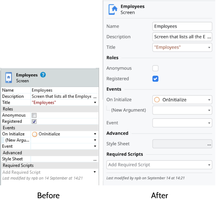 A before image of the Employees screen. An after image of the Employees screen.