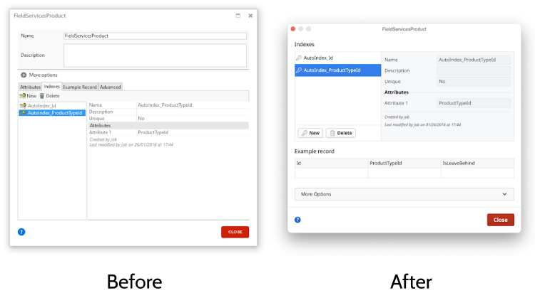 A before image of the Entity editor. An after image of the Entity editor.