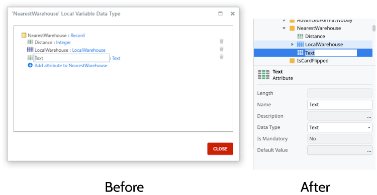 A before image of the Record and the Record List data types. The Record and the Record List data types are now defined within the Properties.