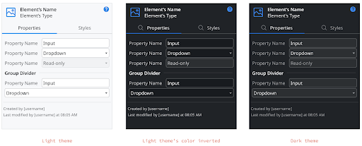 Defining the name of the Elements: light theme, the color inversion of the light theme, and the final dark theme.