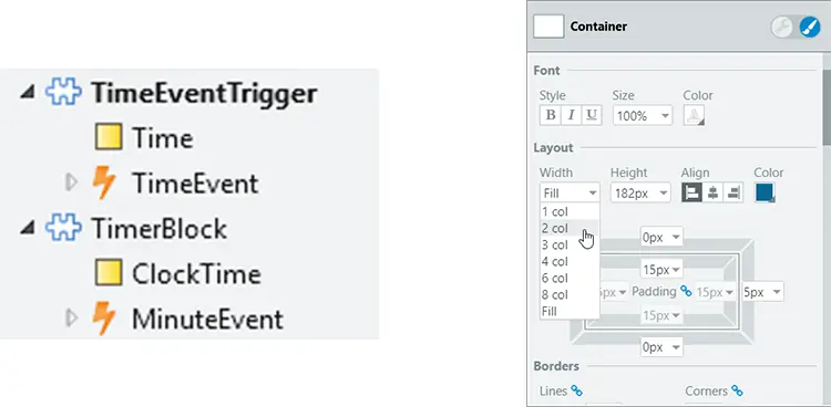 From left to right: event blocks for web applications, grid units in Styles Editor.