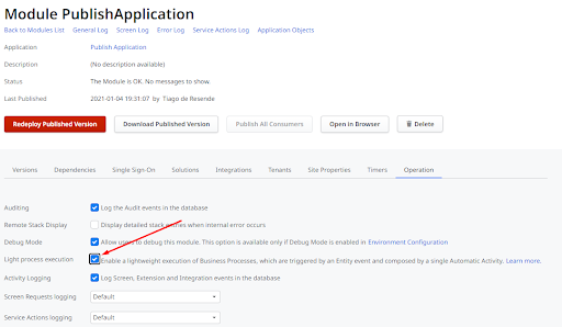 Setting set the property Light process execution on the Operation tab