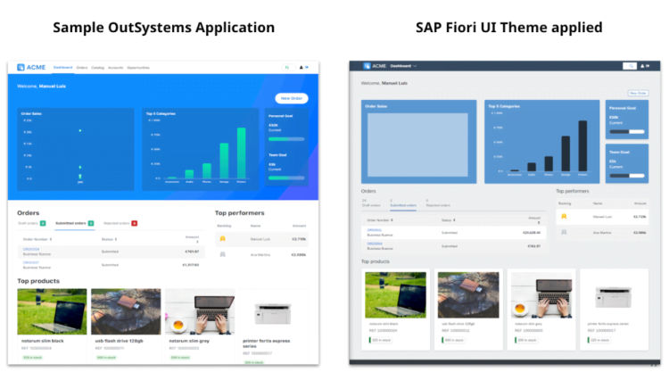 outsystems user interface before and after the sap fiori theme is applied