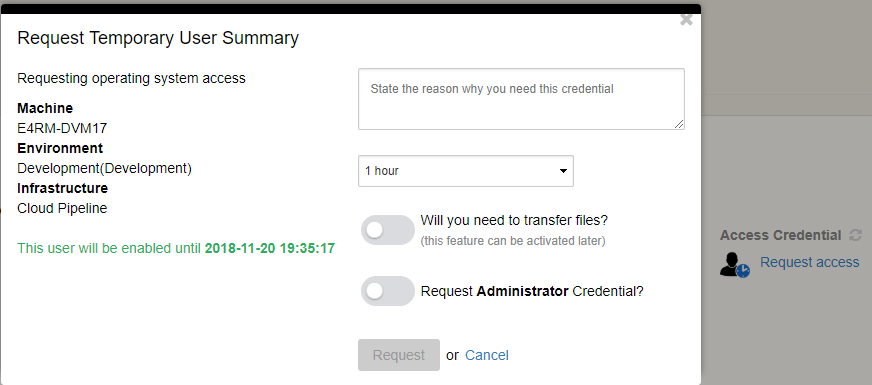 Screenshot of the Temporary User request UI