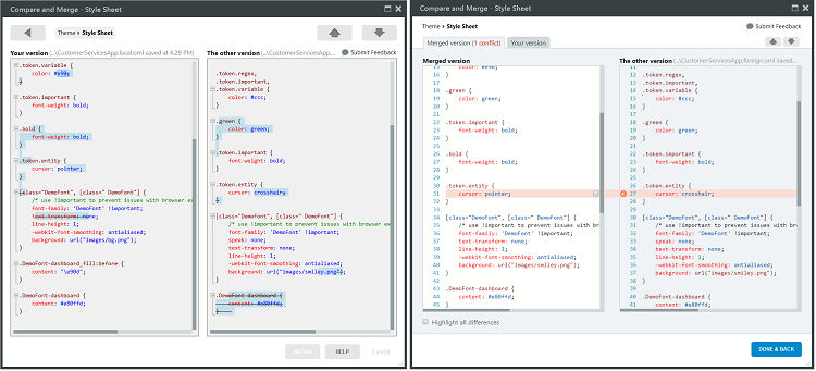 On the left, Text Merge in Service Studio v10, on the right, Text Merge in Service Studio v11.