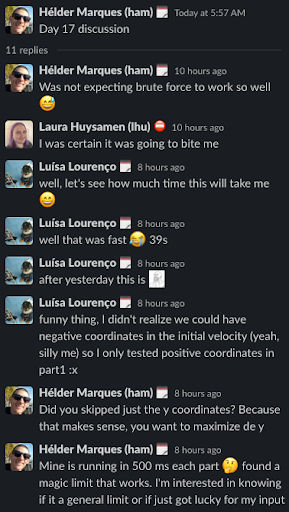 A Slack screenshot of the day 17 discussion in the OutSystems Advent of Code channel.