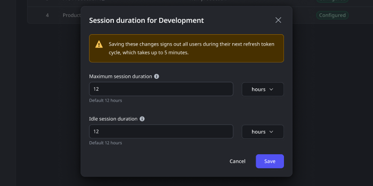 User session configuration settings on ODC 